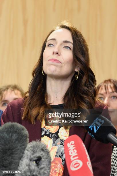 New Zealand Prime Minister Jacinda Ardern speaks to the media following a walkabout in the CBD on October 14, 2020 in Christchurch, New Zealand. The...