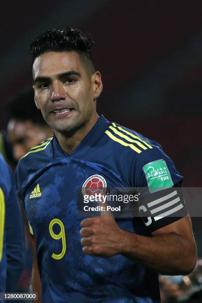 Radamel Falcao García of Colombia celebrates after scoring the second goal of his team during a match between Chile and Colombia as part of South...