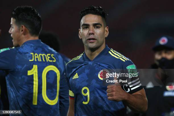 Radamel Falcao García of Colombia celebrates after scoring the second goal of his team during a match between Chile and Colombia as part of South...