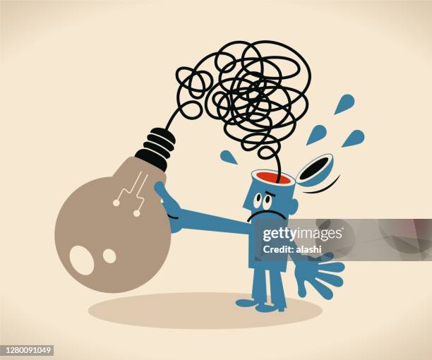 businessman is holding an idea light bulb with tangled messy electrical line from his open head - system failure stock illustrations