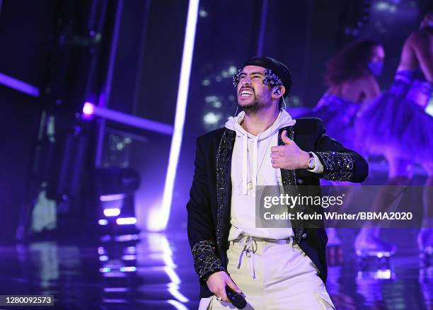 In this image released on October 13, Bad Bunny rehearses at the 2020 Billboard Music Awards, broadcast on October 14, 2020 at the Dolby Theatre in...