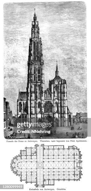woodcut of cathedral of our lady, antwerp, belgium, facade and floor plan - cathedral of our lady antwerp stock illustrations