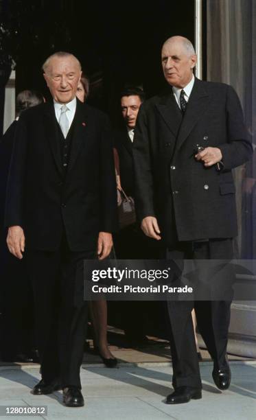 Former West-German chancellor, Konrad Adenauer and French President Charles De Gaulle leaving the Elysee Palace after a meeting, Paris, November 1964.