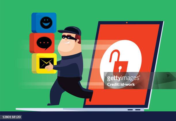 cyber thief stealing data from unsafe laptop - computer virus stock illustrations