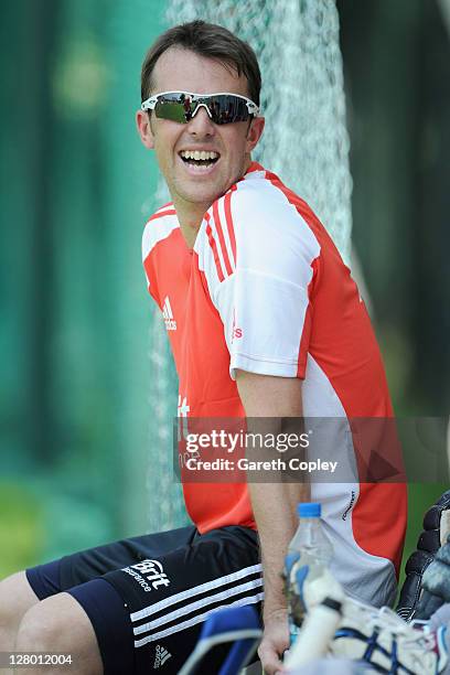 Graeme Swann of England laughs during a nets session at The Rajiv Gandhi International Cricket Stadium on October 5, 2011 in Hyderabad, India.