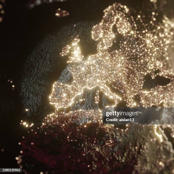 earth night space with some clouds city lights bokeh, europe - globus europa stock-fotos und bilder