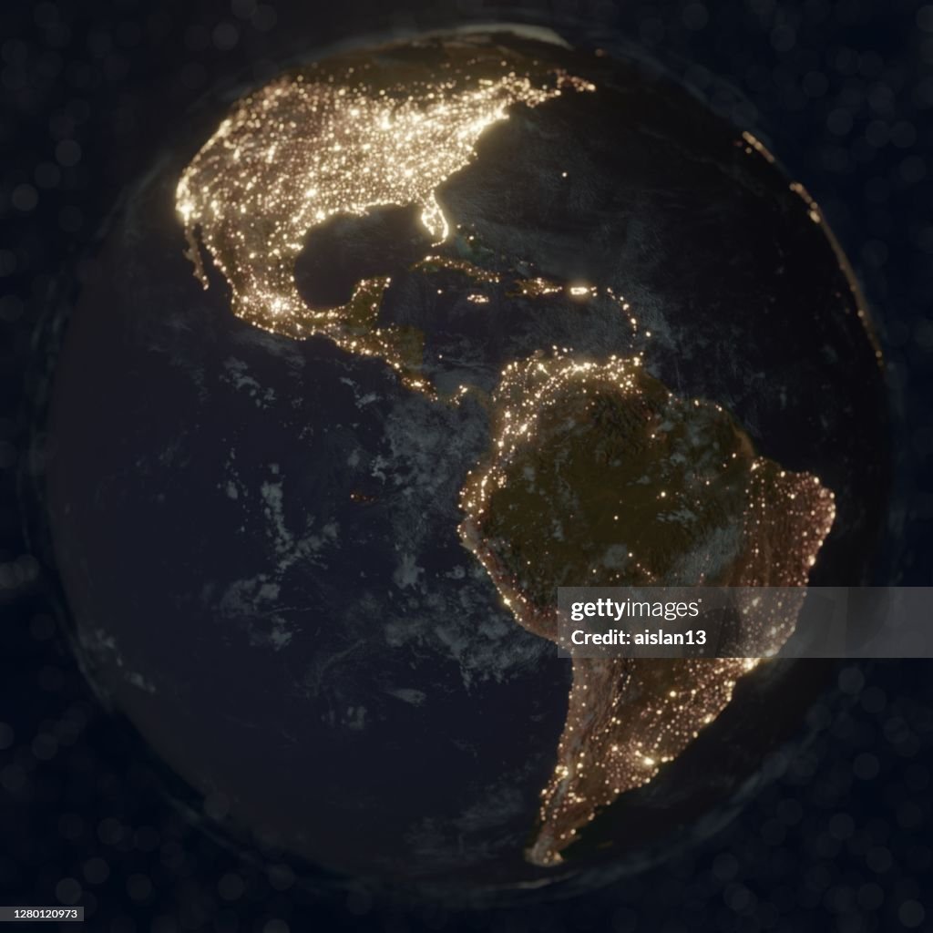 Earth night space with some clouds City Lights Bokeh, America