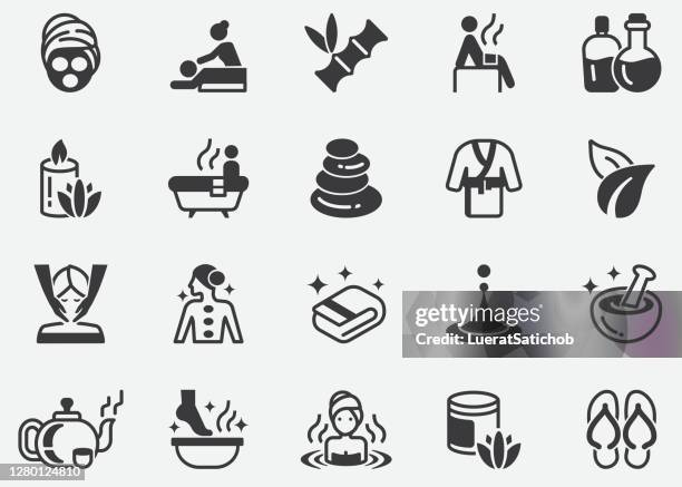 massage und spa pixel perfekte icons - sauna und nassmassage stock-grafiken, -clipart, -cartoons und -symbole