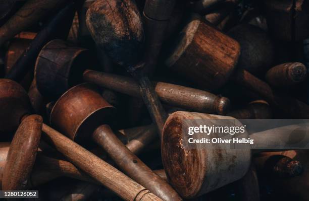 a large collection of antique wooden tools and utensils - restoring art stock pictures, royalty-free photos & images