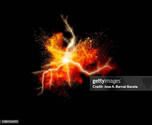 electric explosion of fire, smoke and sparks with lightning on a black background. - electrical shock stockfoto's en -beelden