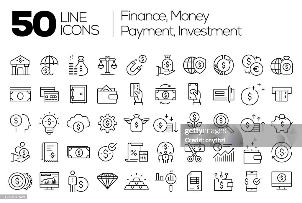 Finanzen, Geld, Zahlung, Anlagekonzepte Moderne Liniensymbole