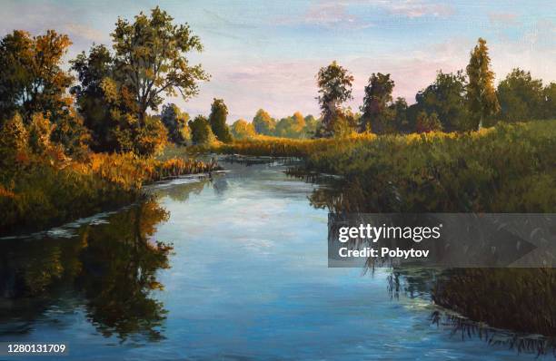 平靜的河流在夏天的夜晚,油畫。 - impressionism 幅插畫檔、美工圖案、卡通及圖標