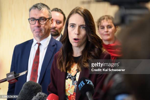 New Zealand Prime Minister Jacinda Ardern speaks to the media following a walkabout in the CBD on October 14, 2020 in Christchurch, New Zealand. The...