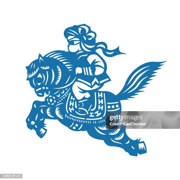 馬に乗ってモンゴルのティーンエイジャー(中国の紙カットパターン) - 男の子　逆光　ひとり点のイラスト素材／クリップアート素材／マンガ素材／アイコン素材