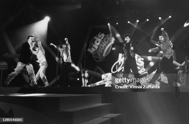 American boy band New Kids on the Block perform live on stage at the 1989 Nickelodeon Kids' Choice Awards, held at Universal Studios Hollywood in Los...