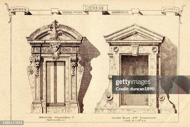 architecture, dormer windows, lucarne, 19th century architectural feature, art print - window frame stock illustrations