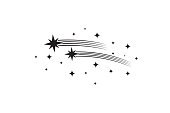 Stars with trails. Comets black silhouettes. Star shooting and stardust, rocket trail vector illustration