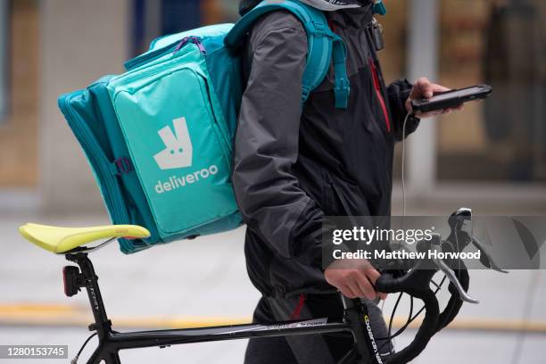 Deliveroo rider at work on July 9, 2020 in Cardiff, Wales.