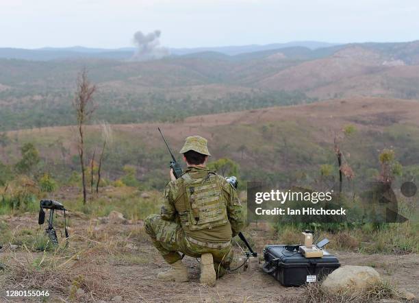 Joint Terminal Attack Controller looks towards a bomb explosion which was dropped by a Super Hornet as part of Exercise Nigrum Pugio on October 14,...