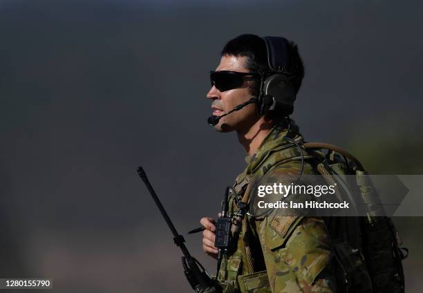 Flight Lieutenant Ebrahim Tabandeh coordinates an air strike from a F/A-18F Super Hornet during Exercise Nigrum Pugio on October 14, 2020 in...