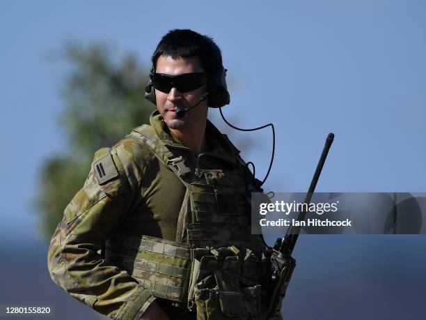 Flight Lieutenant Ebrahim Tabandeh coordinates an air strike from a F/A-18F Super Hornet during Exercise Nigrum Pugio on October 14, 2020 in...