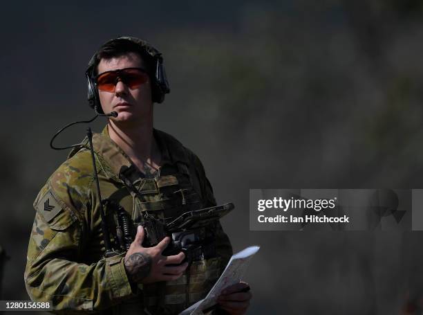 Sergeant Aaron Costas from the 8/12 Regiment coordinates an air strike from a F/A-18F Super Hornet during Exercise Nigrum Pugio on October 14, 2020...