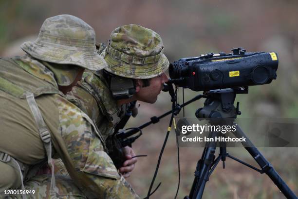 Joint Terminal Attack Controller looks through a laser target designator as part of Exercise Nigrum Pugio on October 14, 2020 in Townsville,...