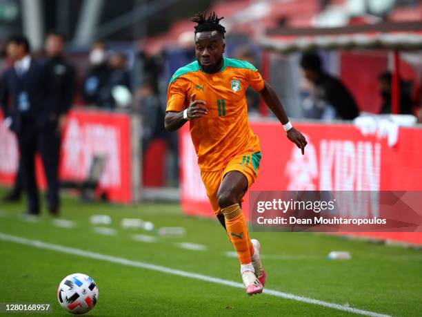 Maxwel Cornet of Ivory Coast in action during the international friendly match between Japan and Ivory Coast at Stadion Galgenwaard on October 13,...