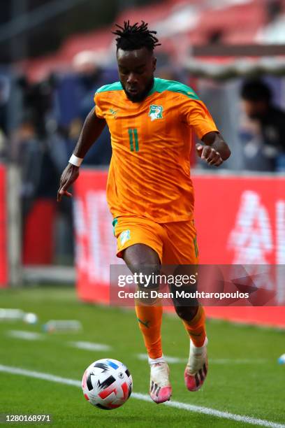 Maxwel Cornet of Ivory Coast in action during the international friendly match between Japan and Ivory Coast at Stadion Galgenwaard on October 13,...