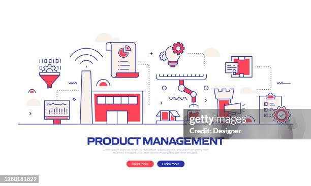 product management related modern line style vector illustration - looking at empty warehouse stock illustrations