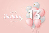 Happy 13th birthday balloons greeting card background.