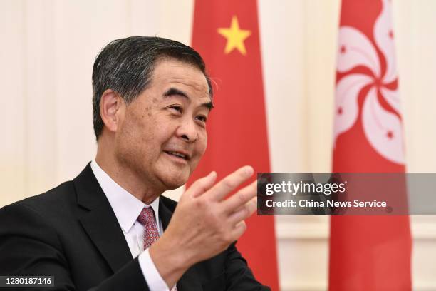 Former Hong Kong chief executive Leung Chun-ying speaks to the media after a celebration of the 40th anniversary of the establishment of the Shenzhen...