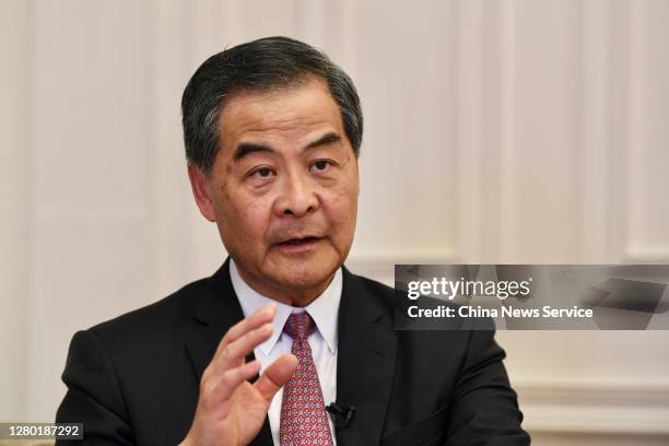 Former Hong Kong chief executive Leung Chun-ying speaks to the media after a celebration of the 40th anniversary of the establishment of the Shenzhen...