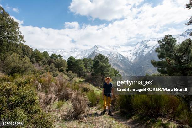 hiker on a hiking trail, hiking trail vereda de la estrella, behind sierra nevada with summits mulhacen and pico alcazaba, snow-covered mountains near granada, andalusia, spain - granada provincia de granada stock pictures, royalty-free photos & images