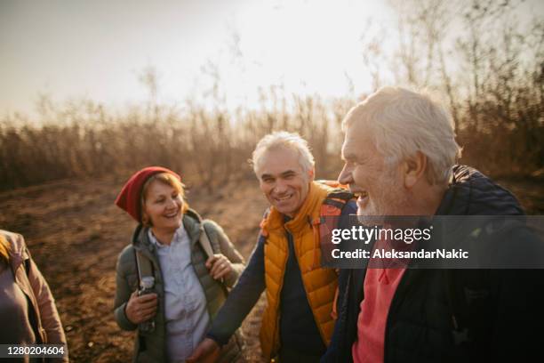 groep hogere mensen die samen wandelen - kleine groep mensen stockfoto's en -beelden