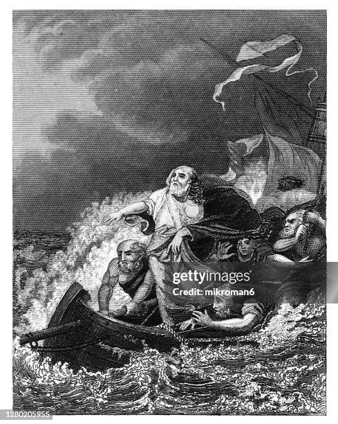 vintage new testament illustration image of jesus christ calming the storm (miracles of jesus) - jesus calming the storm - fotografias e filmes do acervo