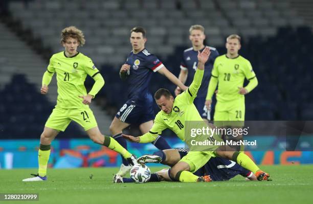 Jan Boril of Czech Republic collides with John McGinn of Scotland during the UEFA Nations League group stage match between Scotland and Czech...
