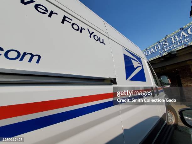 Wide angle of United States Postal Service truck, Lafayette, California, September 17, 2020.