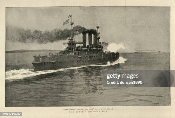 uss new york (acr-2) battleship during spanish american war - warship stock illustrations