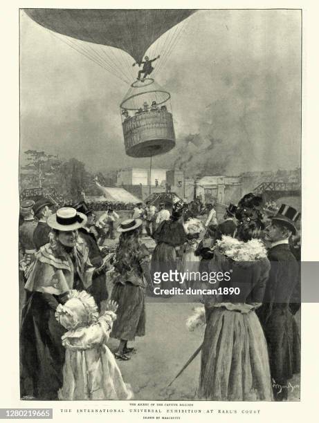 hot air balloon ride, earl's court, london, 1898 - chelsea stock illustrations