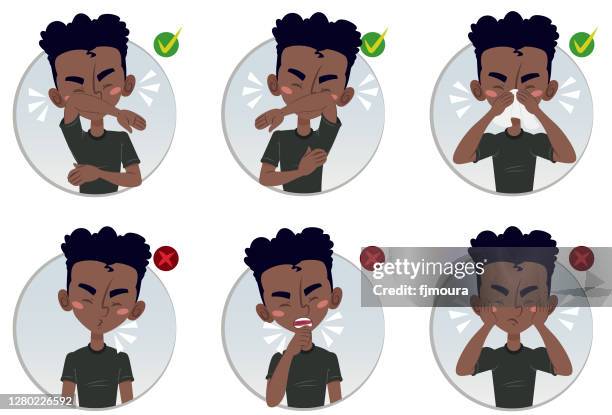 stockillustraties, clipart, cartoons en iconen met kind dat toont hoe te niezen en wat niet tijdens covid-19 te doen - niezen