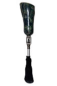 A prosthetic leg with a green leg socket and a black sock, isolated on a white background with a clipping path, front view of the foot.