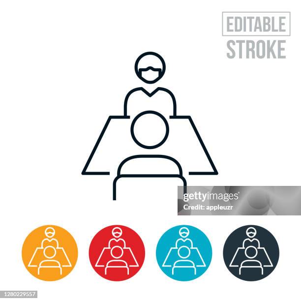 one on one business meeting while wearing a face mask thin line icon - editable stroke - face to face meeting with mask stock illustrations