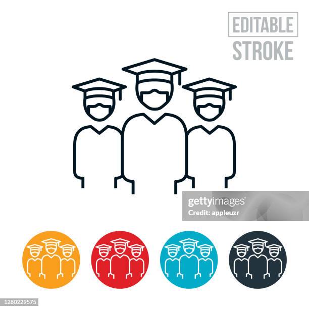 graduates wearing face masks thin line icon - editable stroke - graduation mask stock illustrations