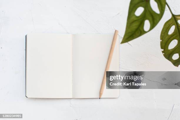 blank note pad and pencil on a rustic white wooden table - 2020 diary stock pictures, royalty-free photos & images