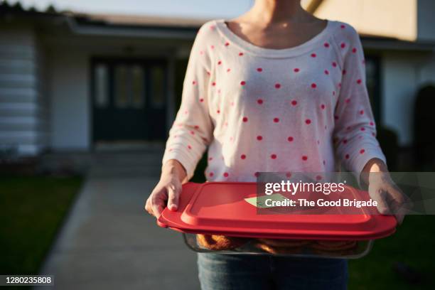 woman delivering care package to neighbor - care package stock pictures, royalty-free photos & images