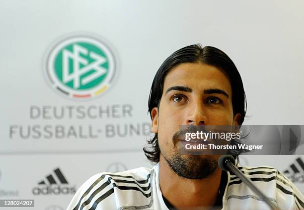 Sami Khedira of German National team talks to media during the Germany press conference at Bruchweg stadium on October 5, 2011 in Frankfurt am Main,...