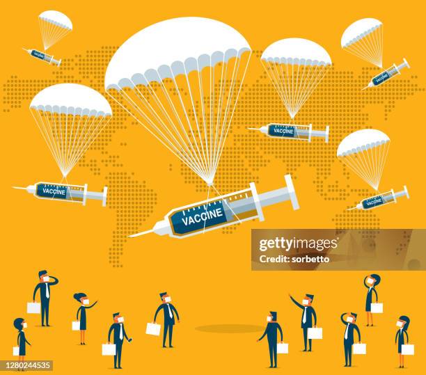 stockillustraties, clipart, cartoons en iconen met geeft een vaccin aan een volk - spuit - parachute