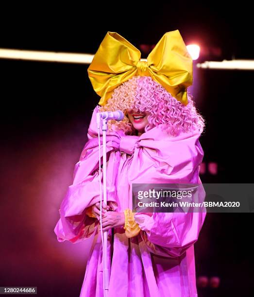 In this image released on October 14, Sia performs onstage at the 2020 Billboard Music Awards, broadcast on October 14, 2020 at the Dolby Theatre in...