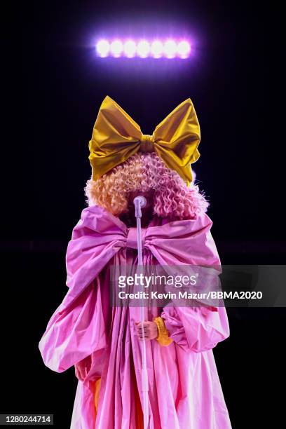 In this image released on October 14, Sia performs onstage at the 2020 Billboard Music Awards, broadcast on October 14, 2020 at the Dolby Theatre in...